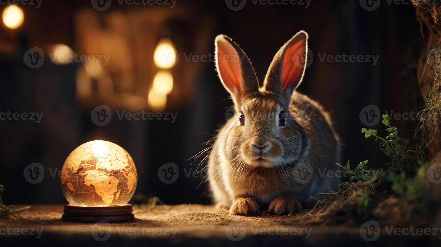 A rabbit sits beside a globe, creating a whimsical, enchanting atmosphere. photo