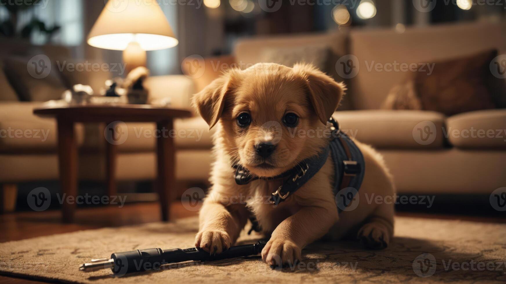 A cute puppy lying on a rug, playing with a cord in a cozy living room setting. photo