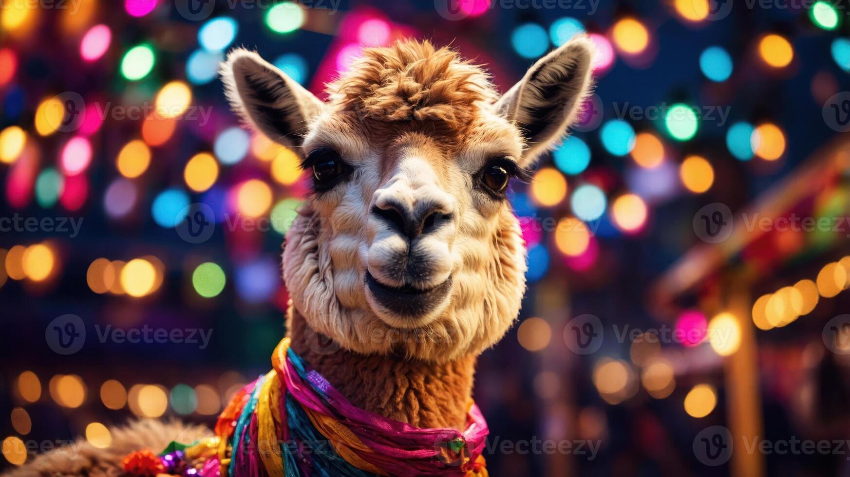 A cheerful llama adorned with colorful decorations against a backdrop of vibrant lights. photo