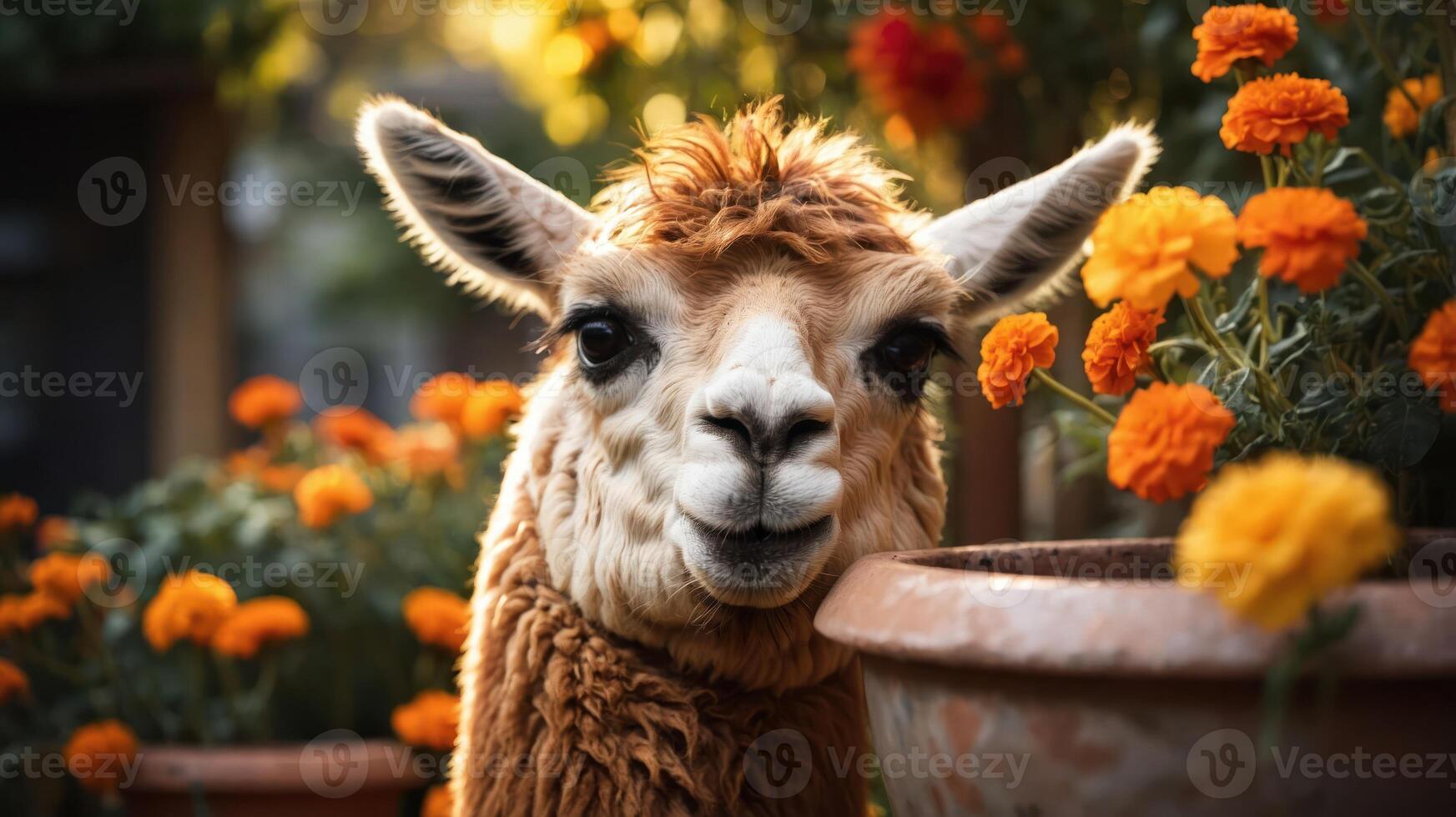 A friendly llama peeking through vibrant marigold flowers in a garden. photo