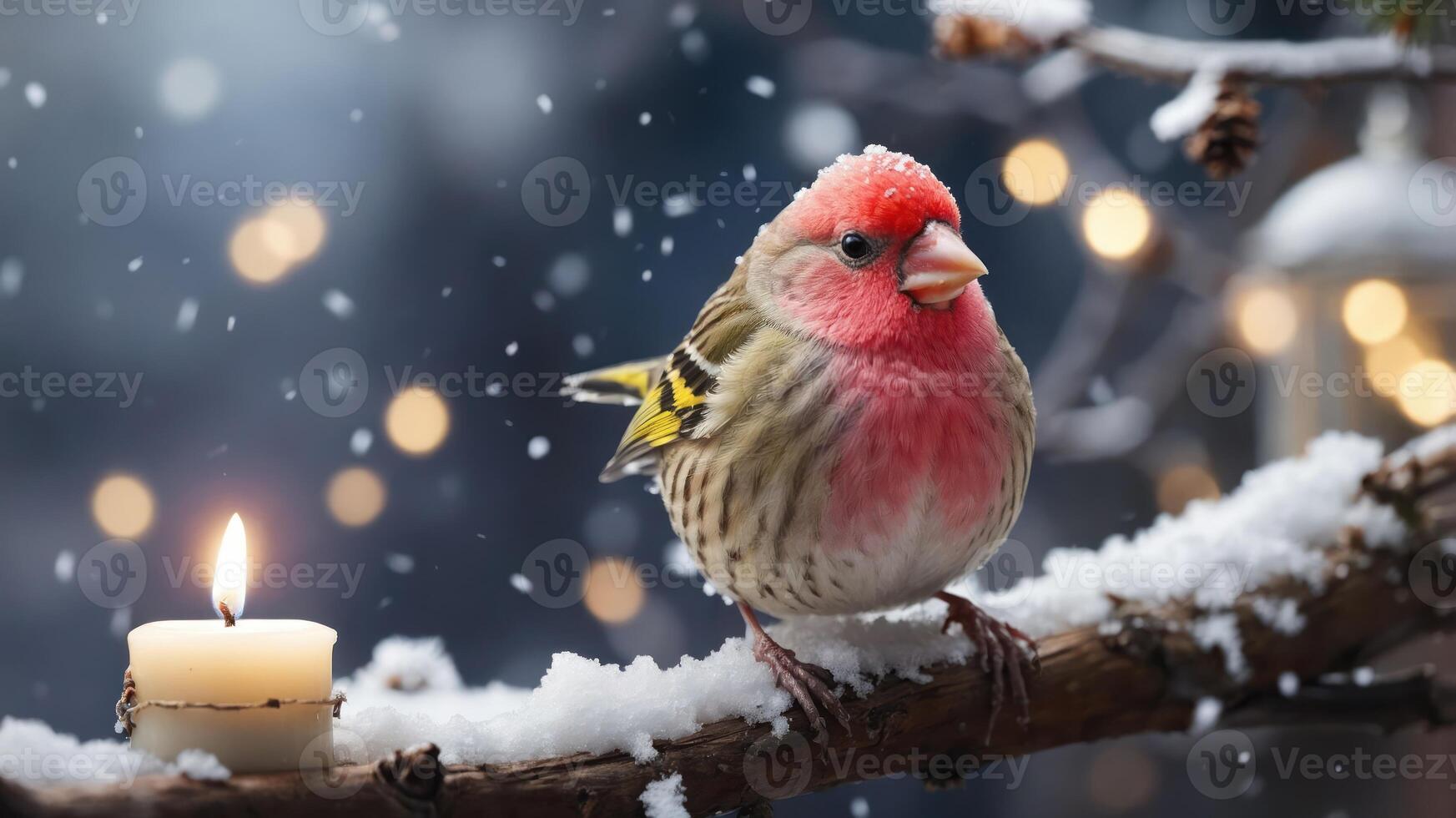 A colorful bird perched on a snowy branch with a candle, creating a cozy winter scene. photo