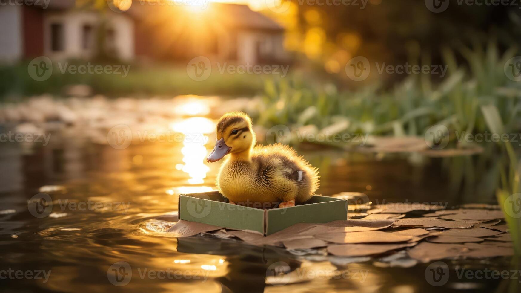 A duckling floats on a small raft in a serene pond during sunset, creating a peaceful scene. photo