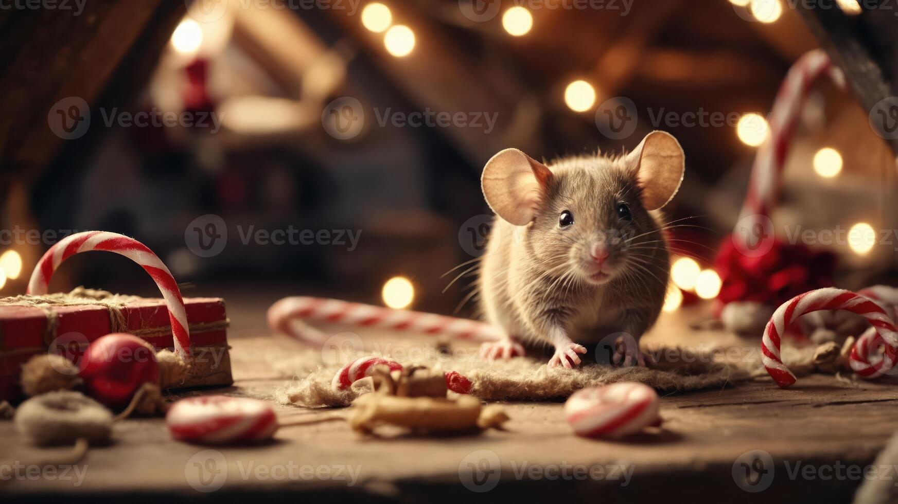 A cozy scene featuring a mouse among festive decorations and treats. photo