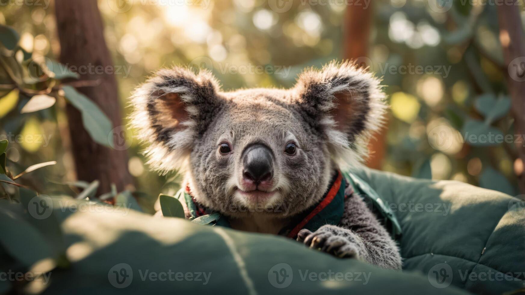 A close-up of a koala resting on a green surface, surrounded by eucalyptus leaves. photo