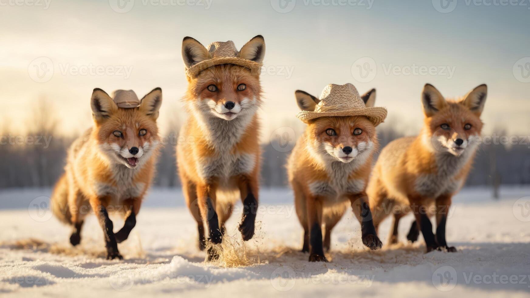 Four foxes wearing hats walking together in a snowy landscape. photo