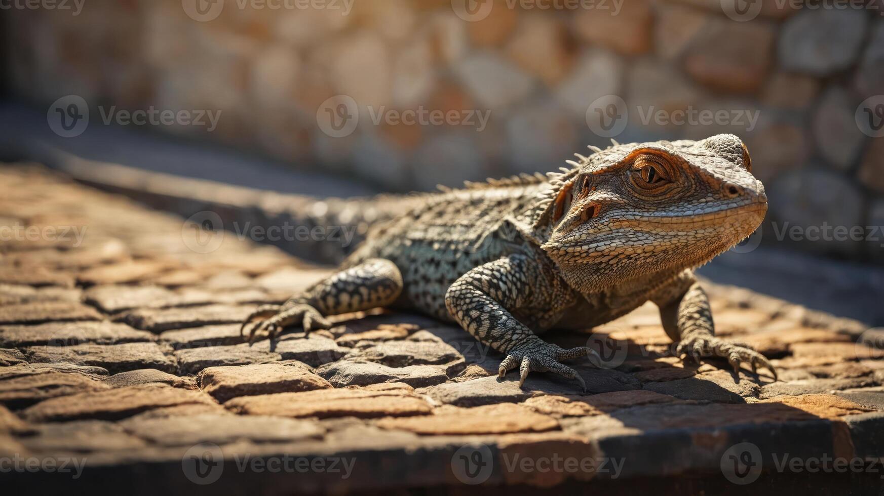 A close-up of a bearded dragon resting on a stone surface in warm sunlight. photo
