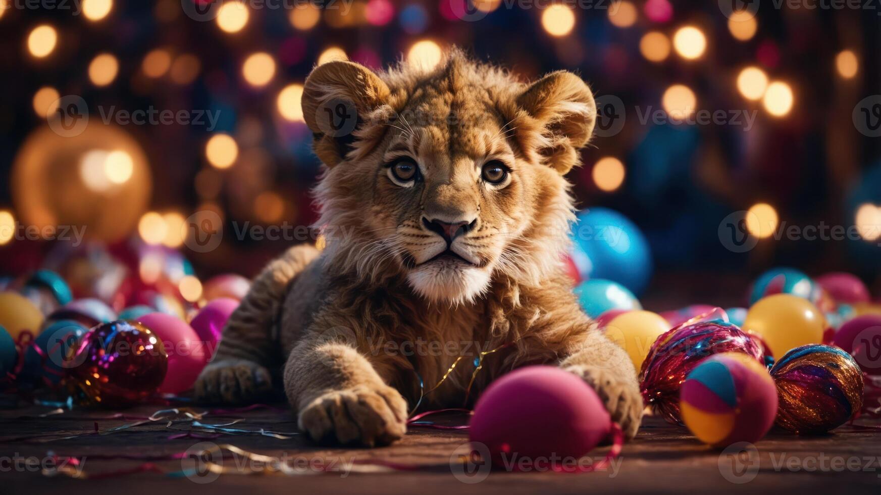A playful lion cub surrounded by colorful decorations and festive items. photo
