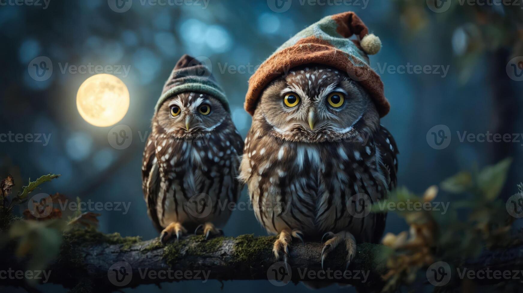 Two owls wearing festive hats perched on a branch under a full moon. photo