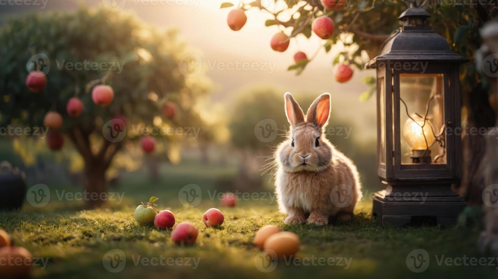 A serene scene of a rabbit near a lantern and apple trees at sunset. photo