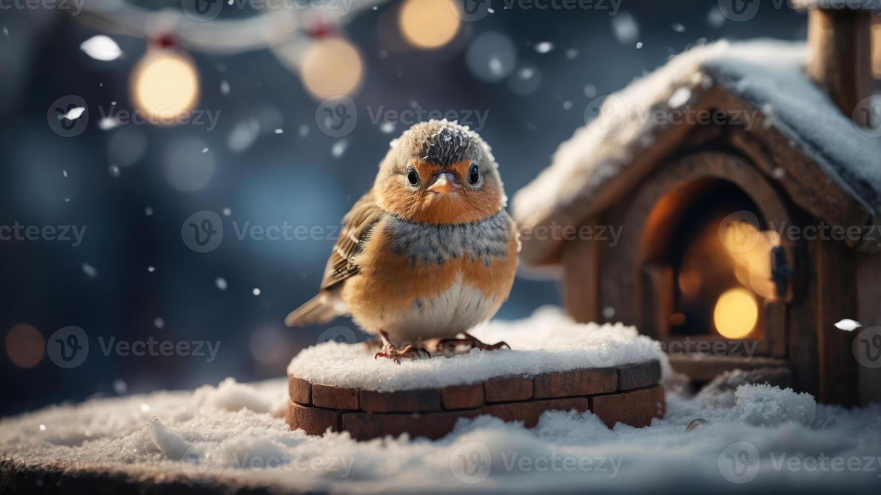 A charming bird perched on snow-covered wood near a cozy birdhouse in a winter setting. photo