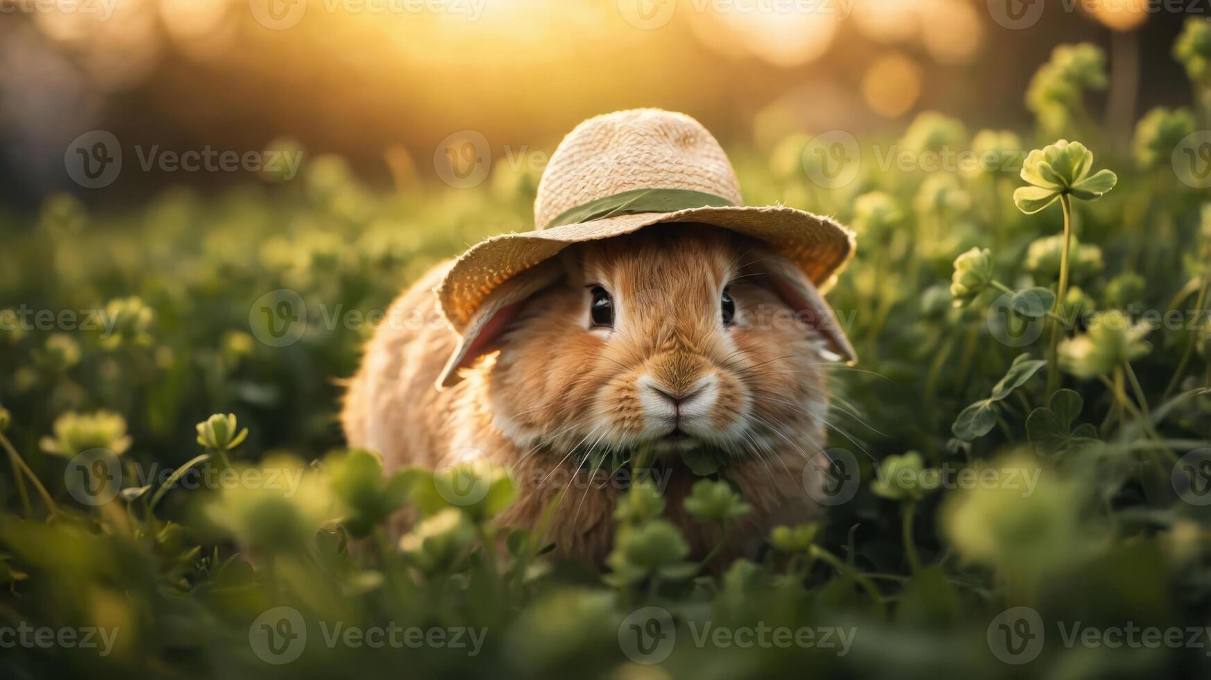 A cute rabbit wearing a straw hat in a green field during sunset. photo