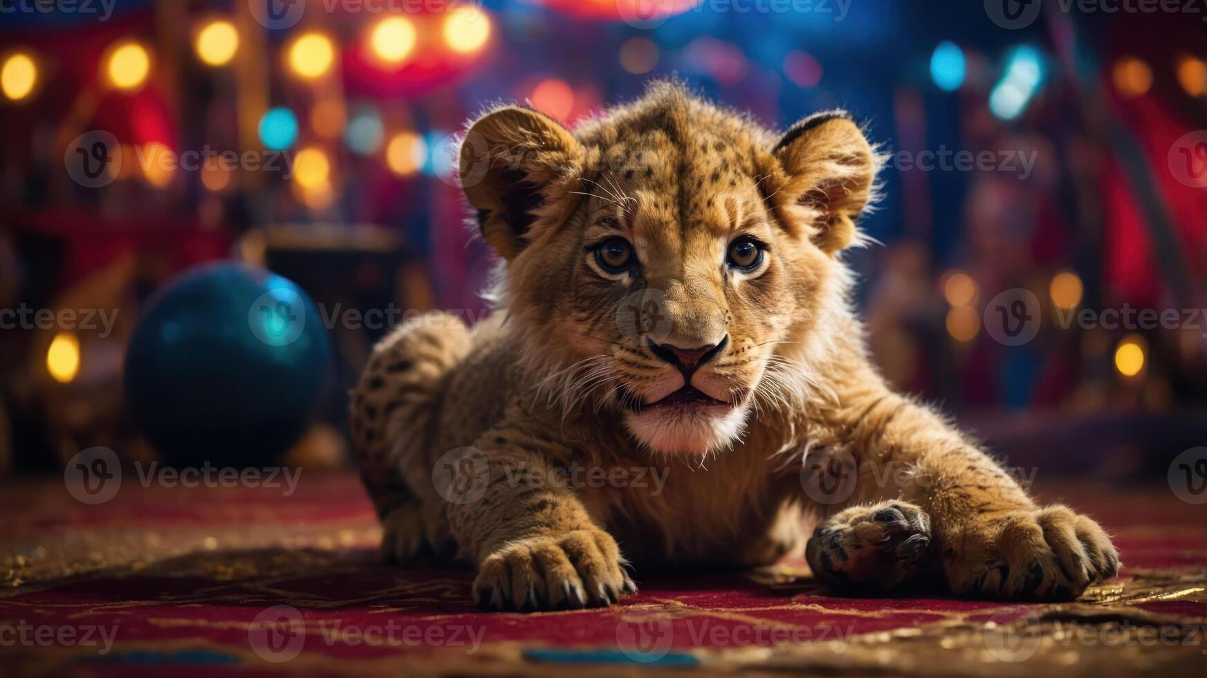 A young lion cub rests on a colorful carpet in a vibrant circus setting. photo
