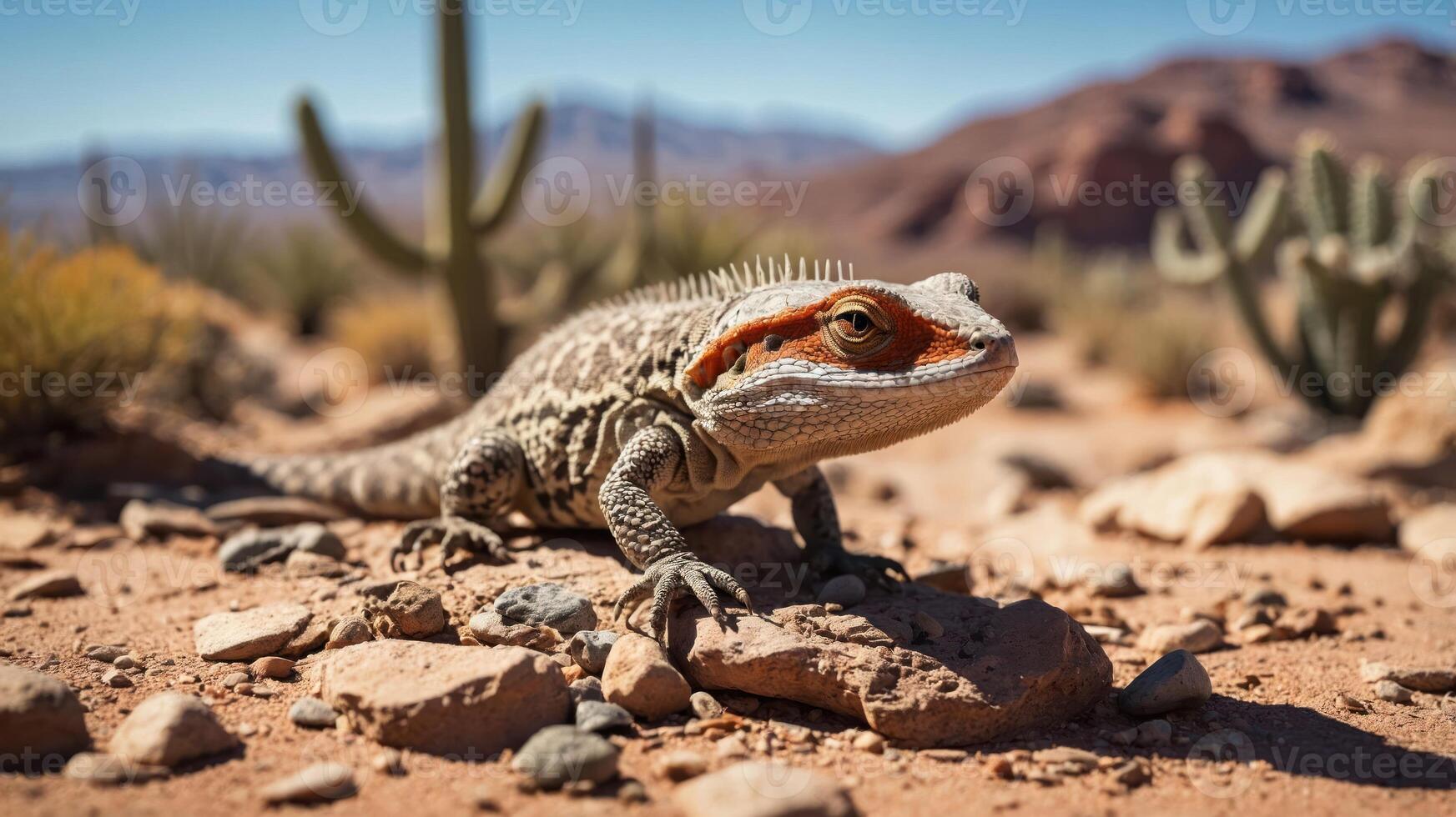 A close-up of a lizard in a desert landscape with cacti and mountains in the background. photo