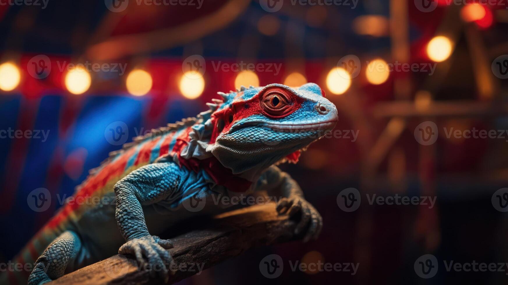 A colorful lizard perched on a branch with festive lights in the background. photo