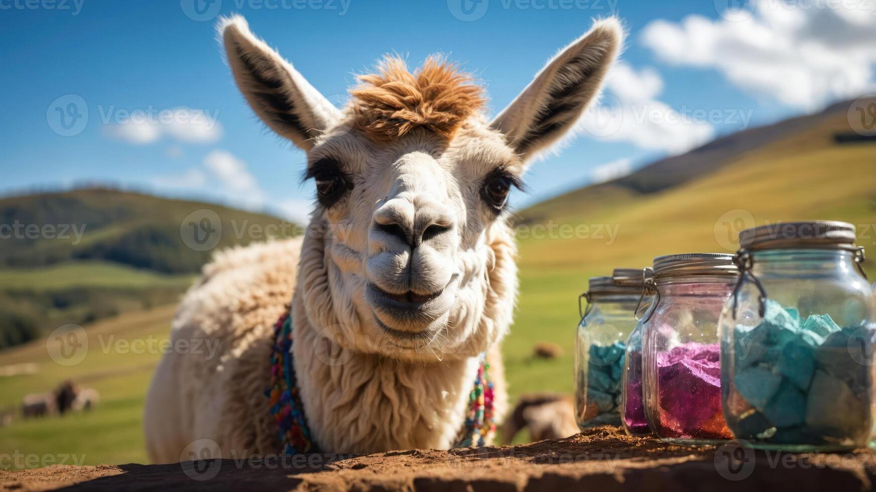 A smiling llama stands near colorful jars in a scenic landscape. photo