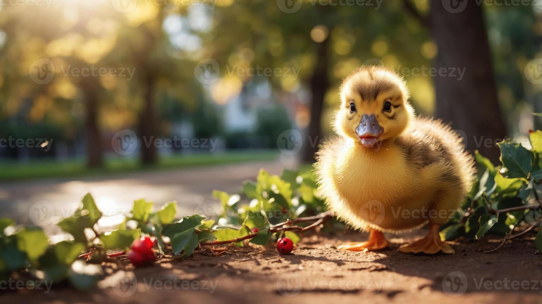 A cute duckling stands on the ground surrounded by greenery in a sunlit park. photo