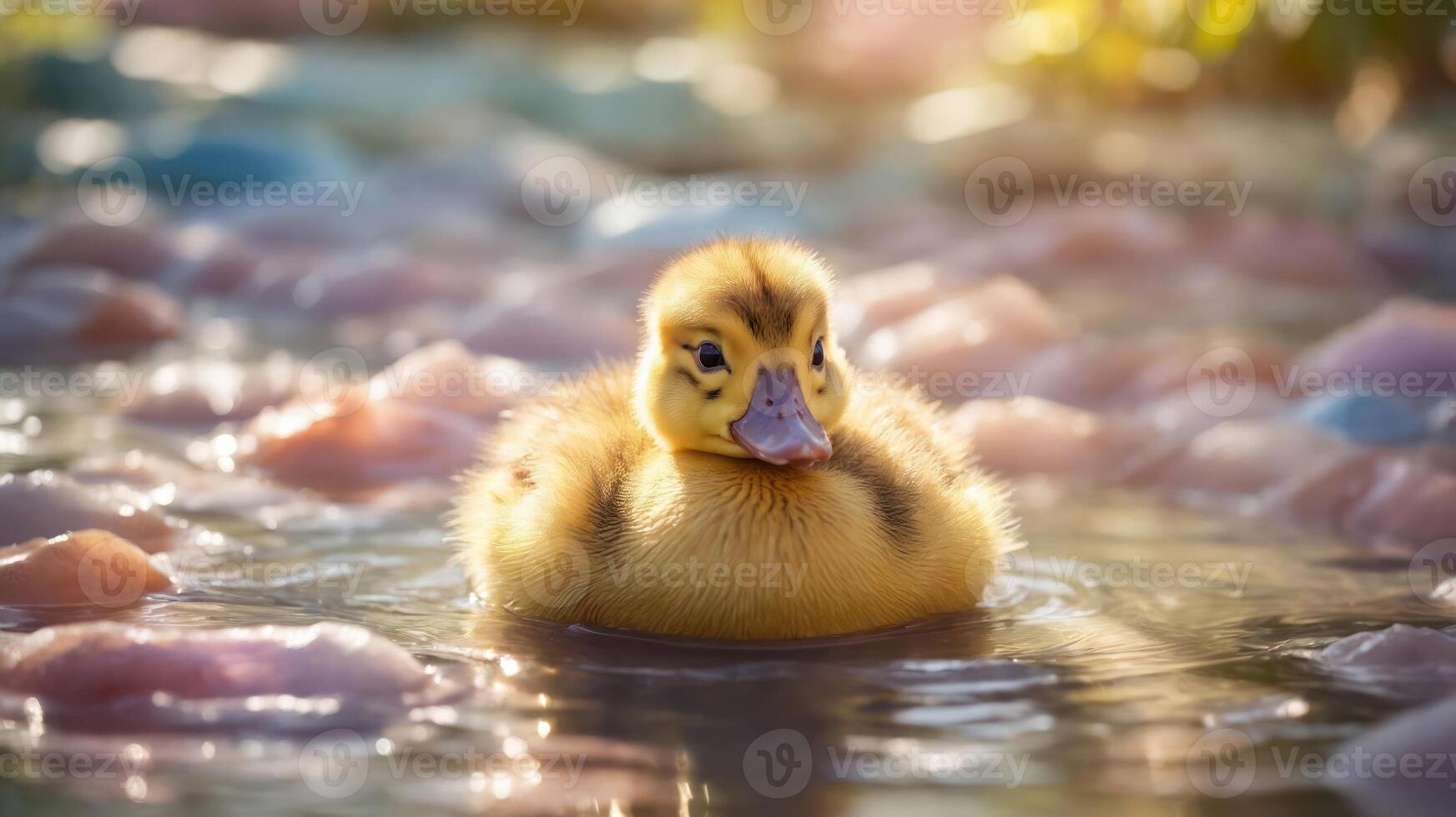 A fluffy duckling swims in a serene pond surrounded by colorful, soft materials. photo