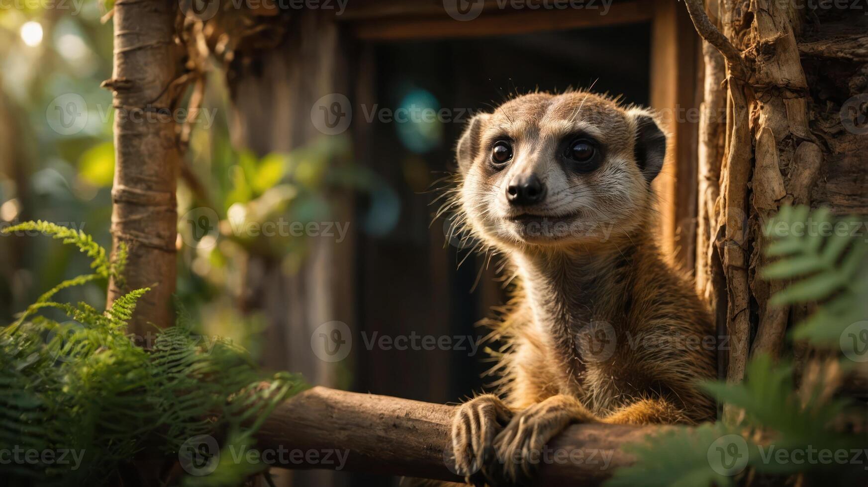 A meerkat gazes curiously from its natural habitat, surrounded by greenery. photo