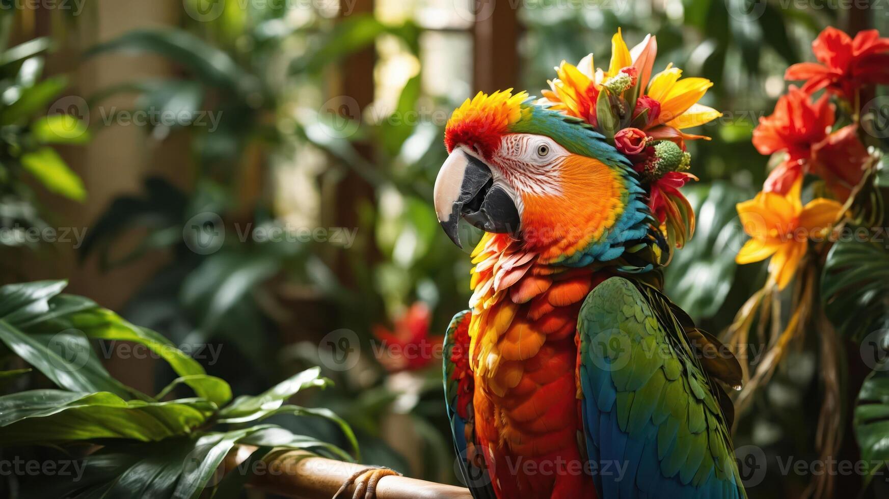 A vibrant parrot adorned with flowers, set in a lush tropical environment. photo
