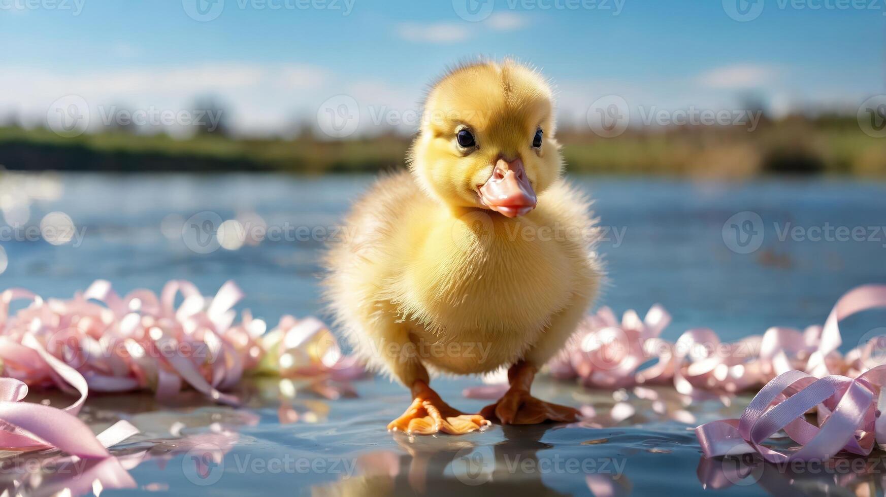 A cute duckling stands on a reflective surface surrounded by pink ribbons against a blue sky. photo