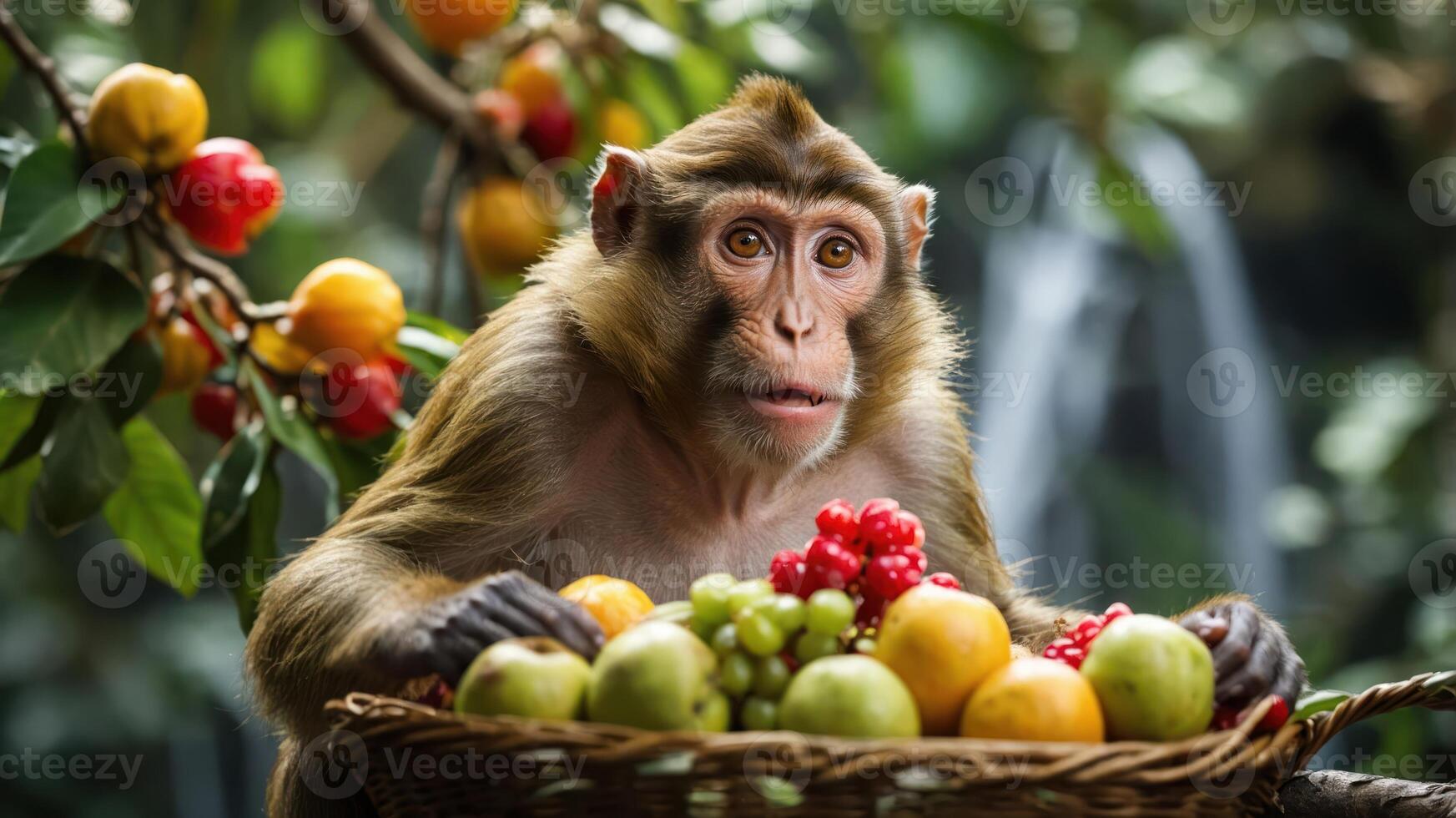 A monkey curiously examines a basket of colorful fruits in a lush environment. photo
