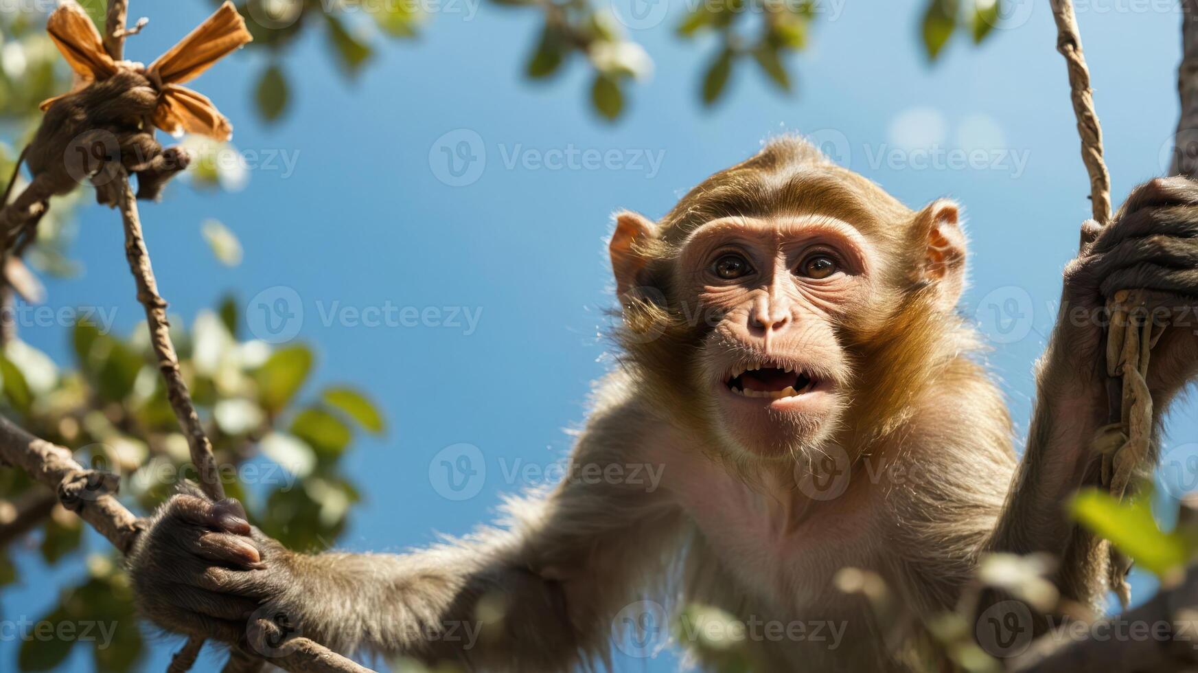 A close-up of a monkey hanging on branches against a clear blue sky. photo
