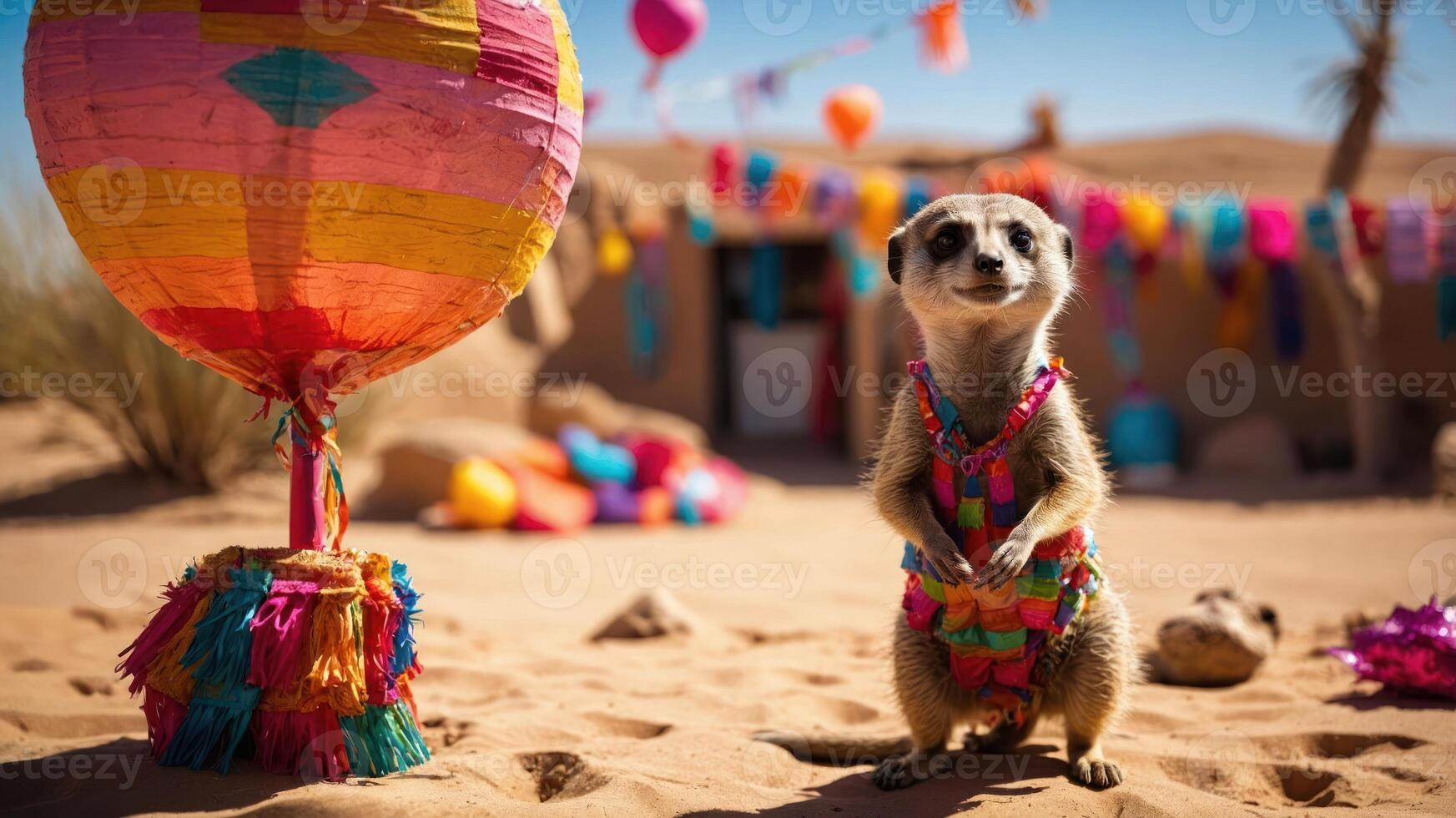 A festive meerkat in a colorful outfit stands in a sandy desert with decorations. photo