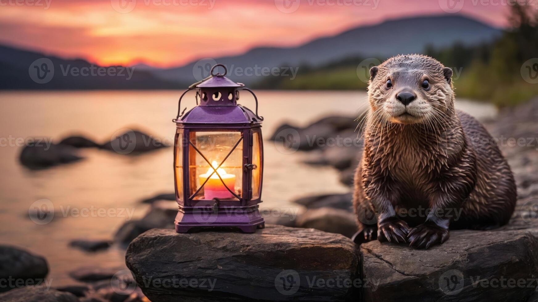 An otter beside a lantern at sunset by a lake, creating a serene atmosphere. photo