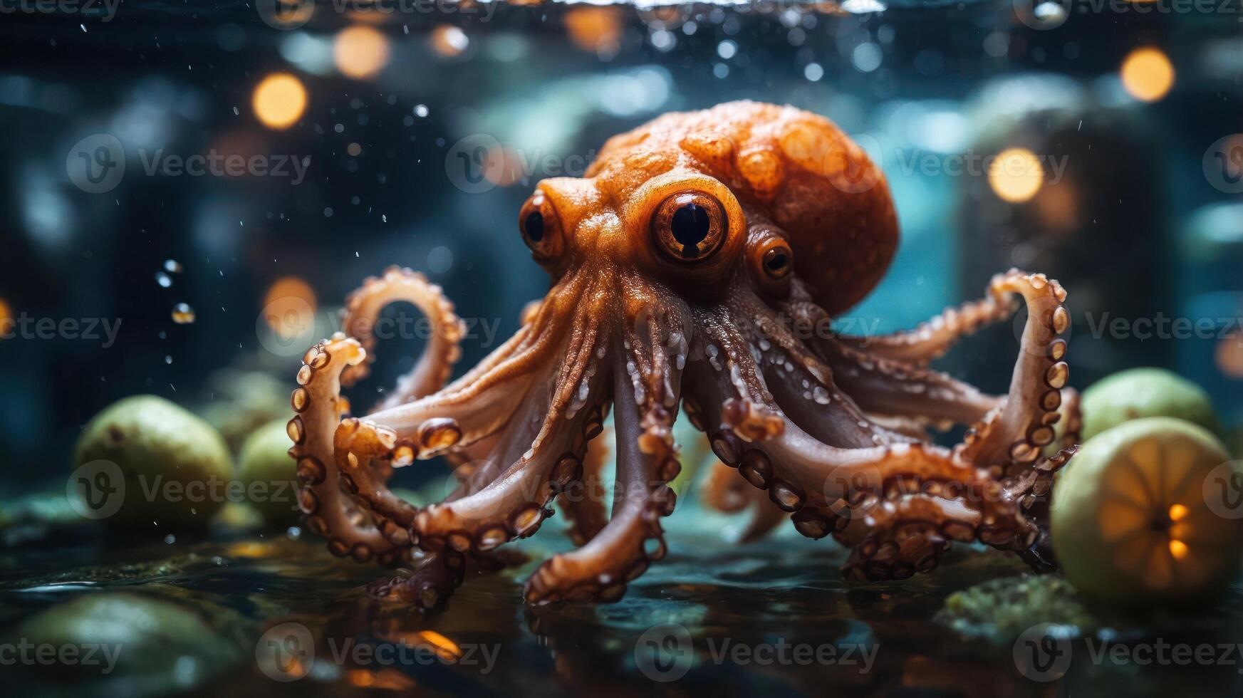 A vibrant octopus surrounded by floating fruits in a serene underwater scene. photo