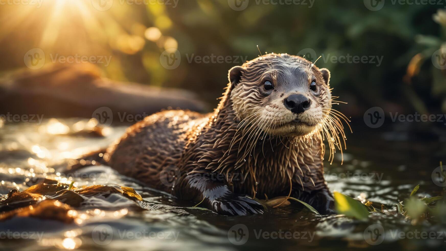 A playful otter emerging from water, illuminated by warm sunlight. photo