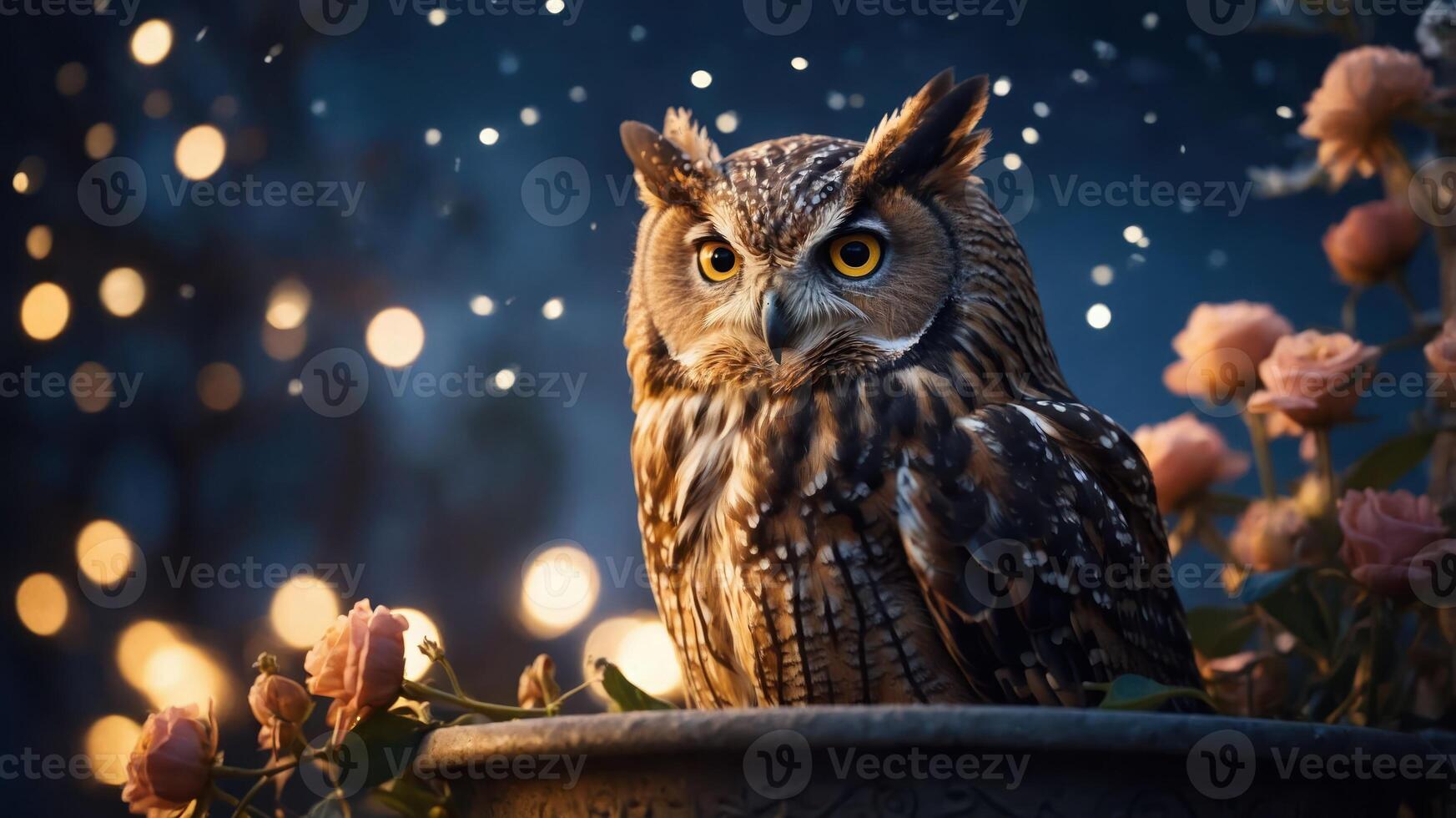 A majestic owl perched among roses, illuminated by soft lights and gentle snowfall. photo