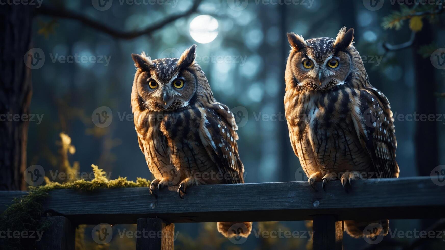 Two owls perched on a fence in a moonlit forest, creating an enchanting atmosphere. photo