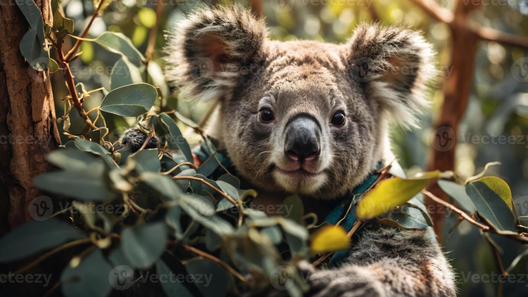 A close-up of a koala perched on a tree, surrounded by green eucalyptus leaves. photo