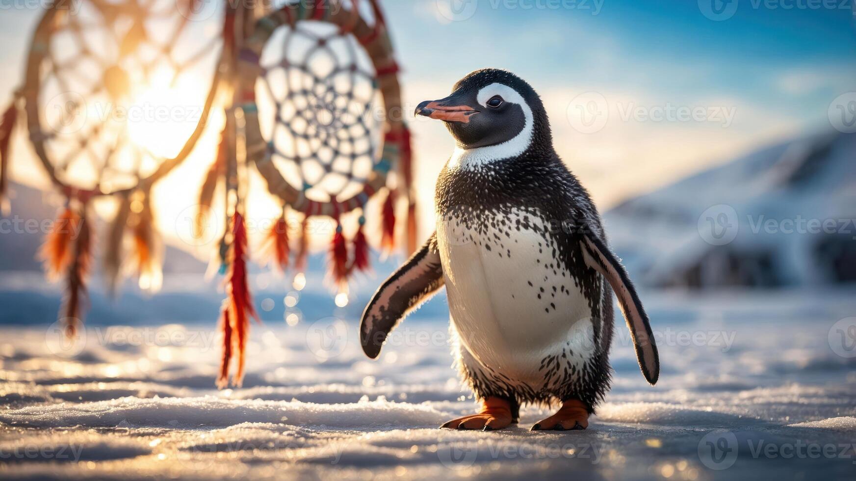 A penguin stands on snow with dreamcatchers in the background during a sunset. photo