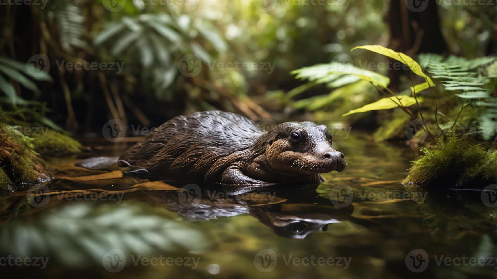 A serene aquatic scene featuring a creature in a lush, green environment. photo