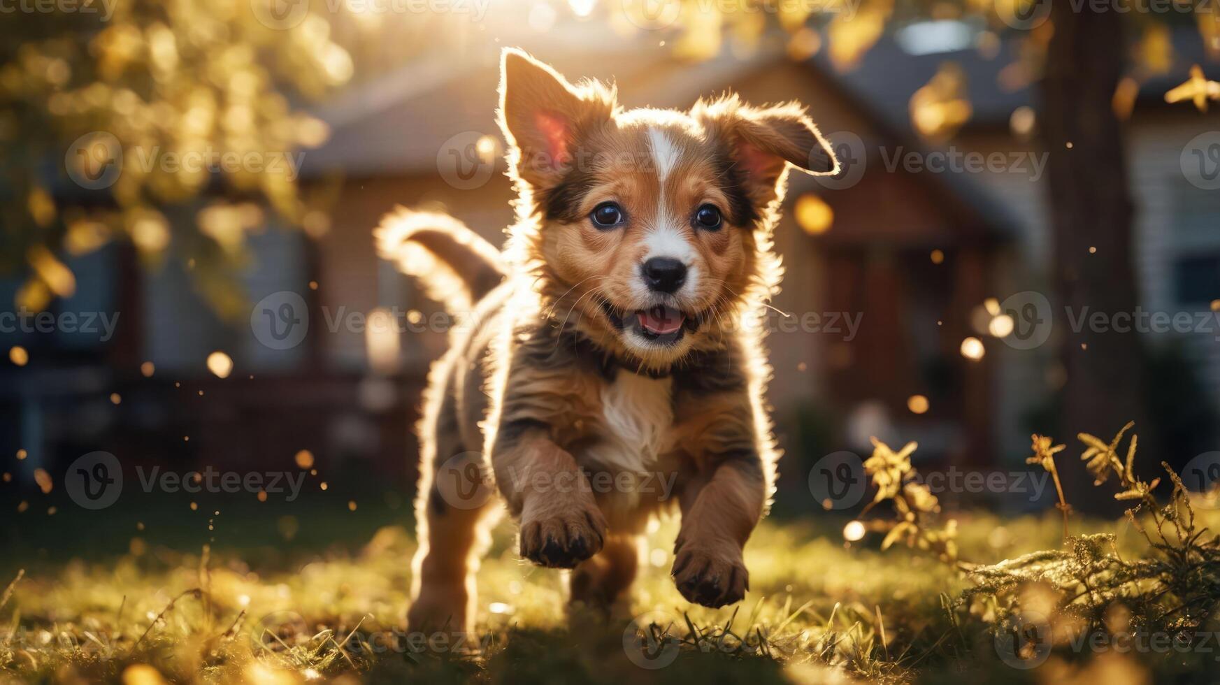 A playful puppy running joyfully in a sunlit garden. photo