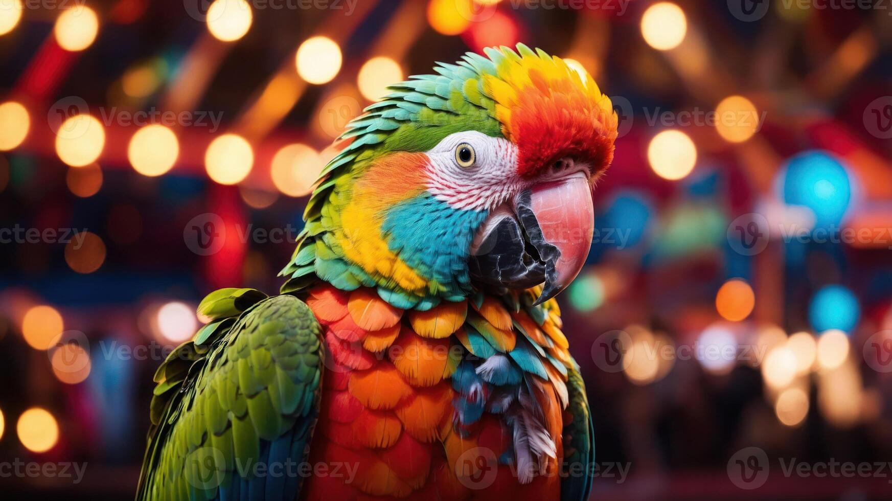 A vibrant parrot with colorful feathers, set against a blurred festive background. photo