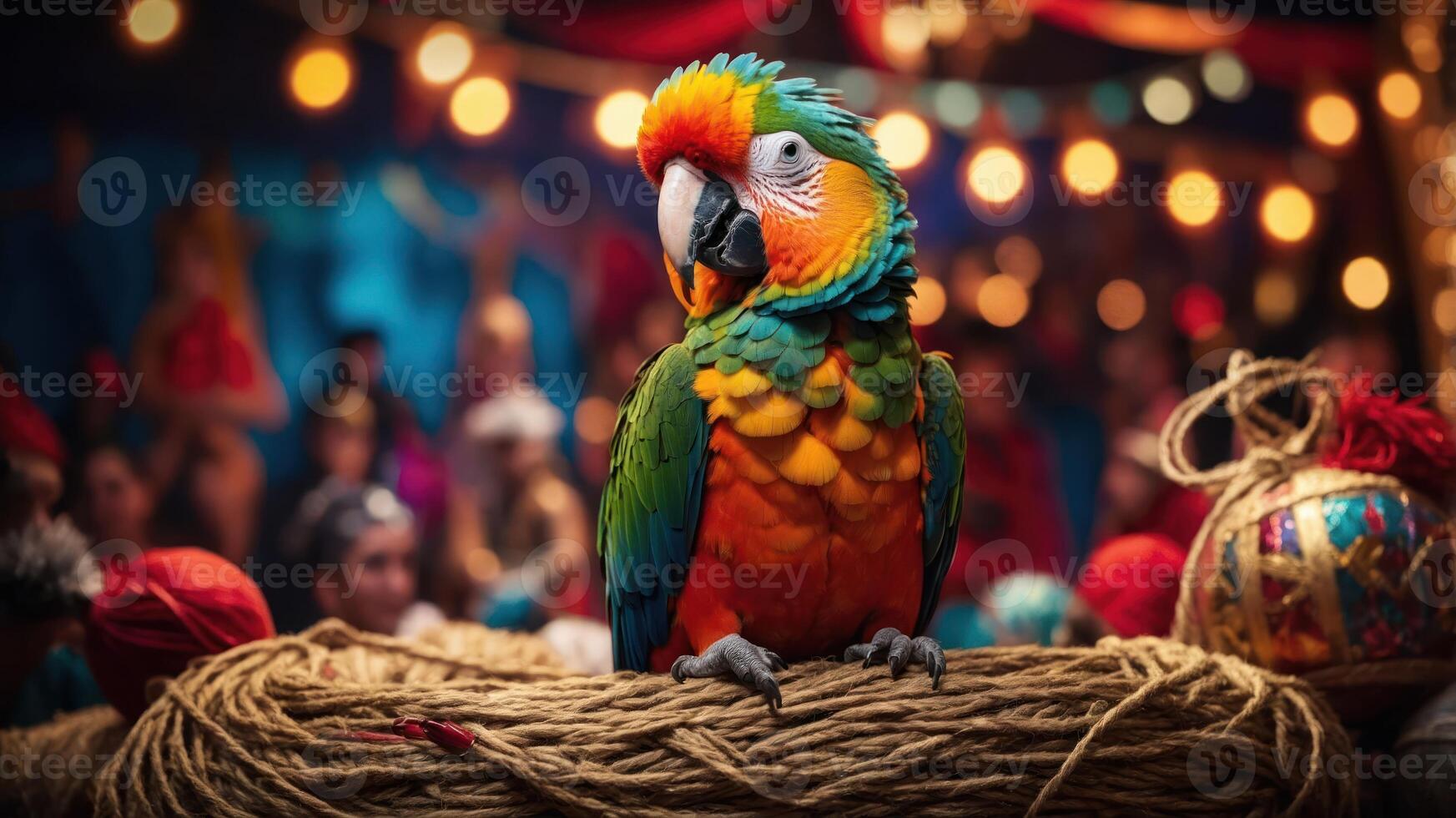 A colorful parrot perched on a rope in a lively circus setting. photo