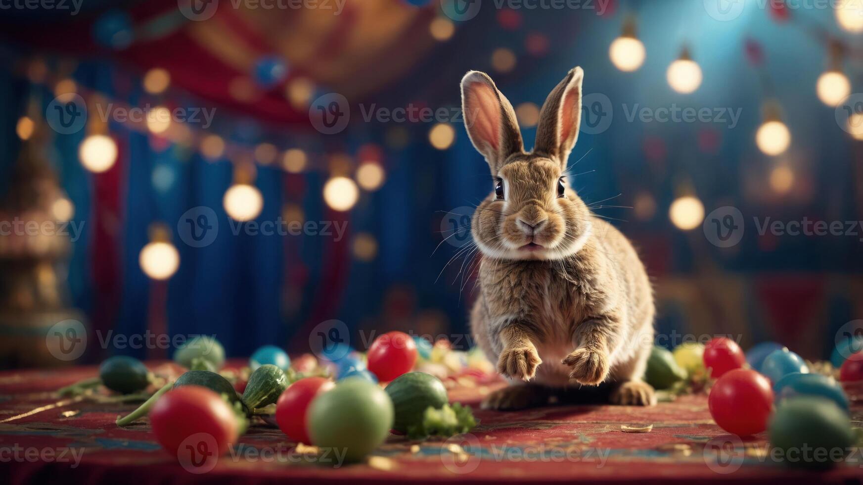 A playful rabbit surrounded by colorful vegetables and festive decorations. photo