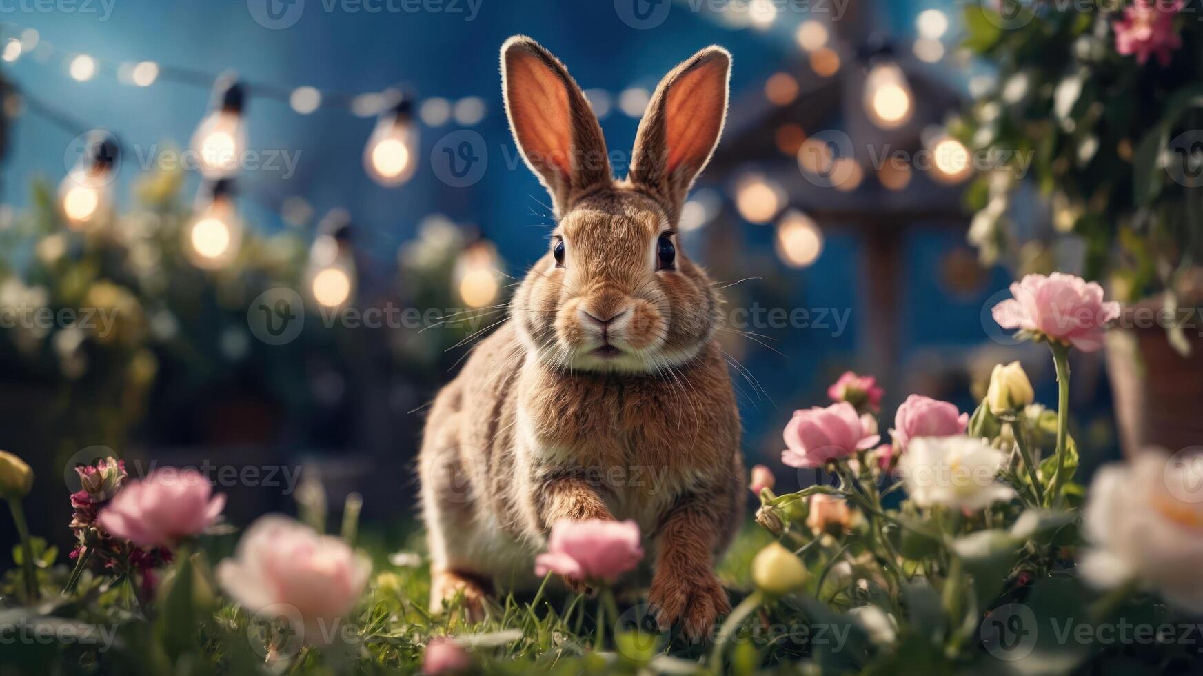 A rabbit in a flower garden illuminated by string lights, creating a whimsical atmosphere. photo