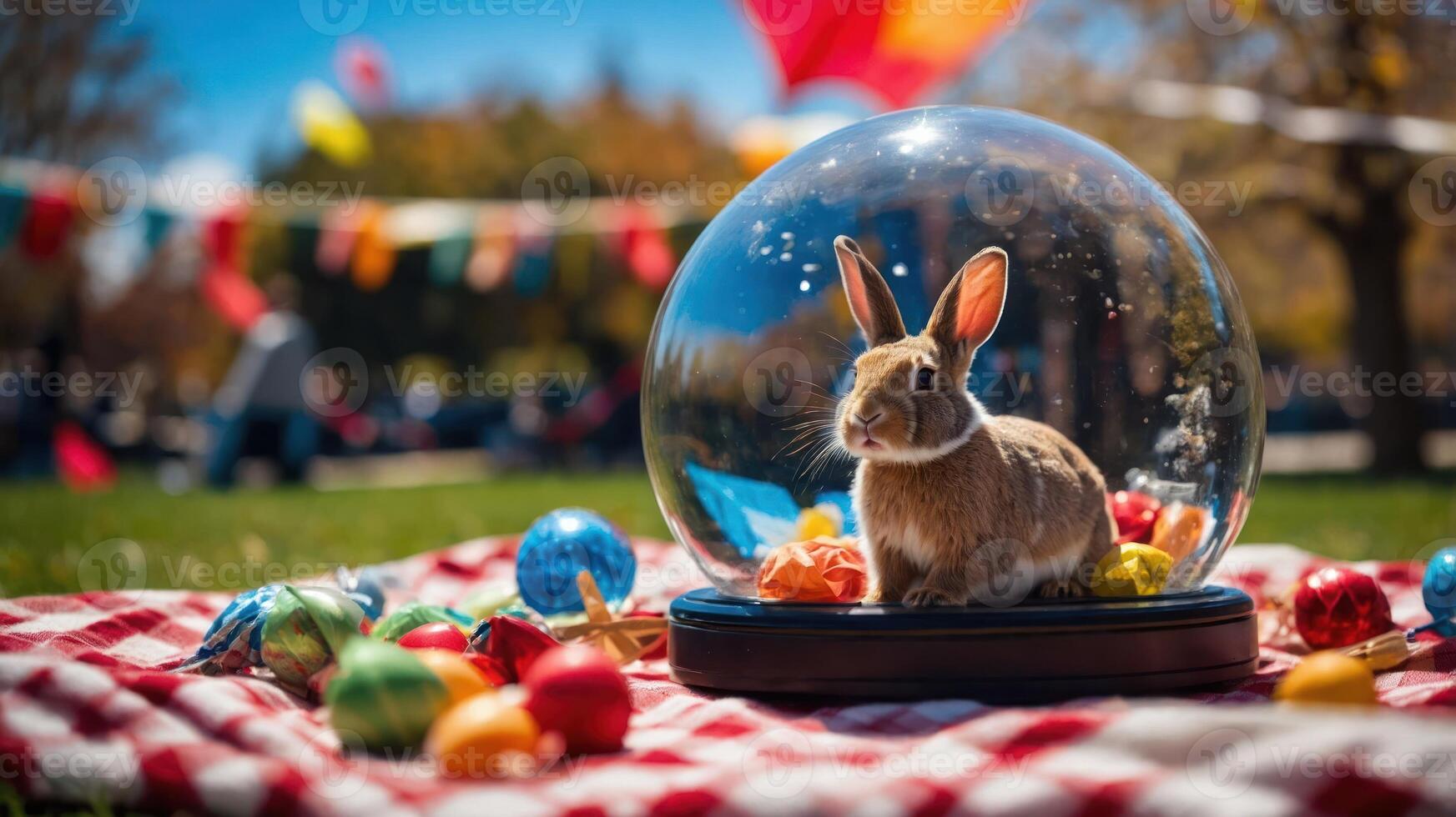 A rabbit inside a glass dome surrounded by colorful decorations on a picnic blanket. photo
