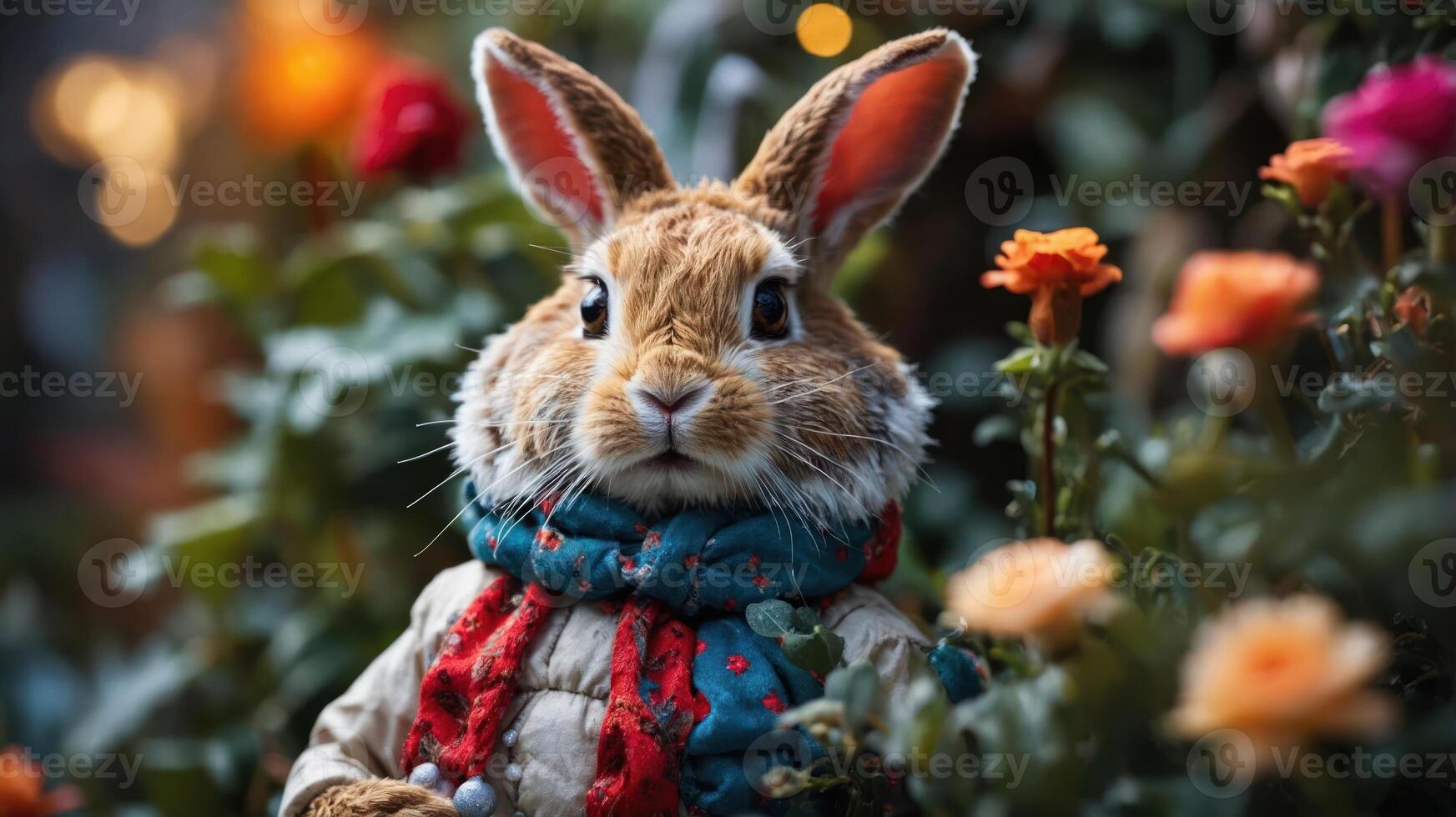 A whimsical rabbit character in a scarf stands among colorful flowers. photo
