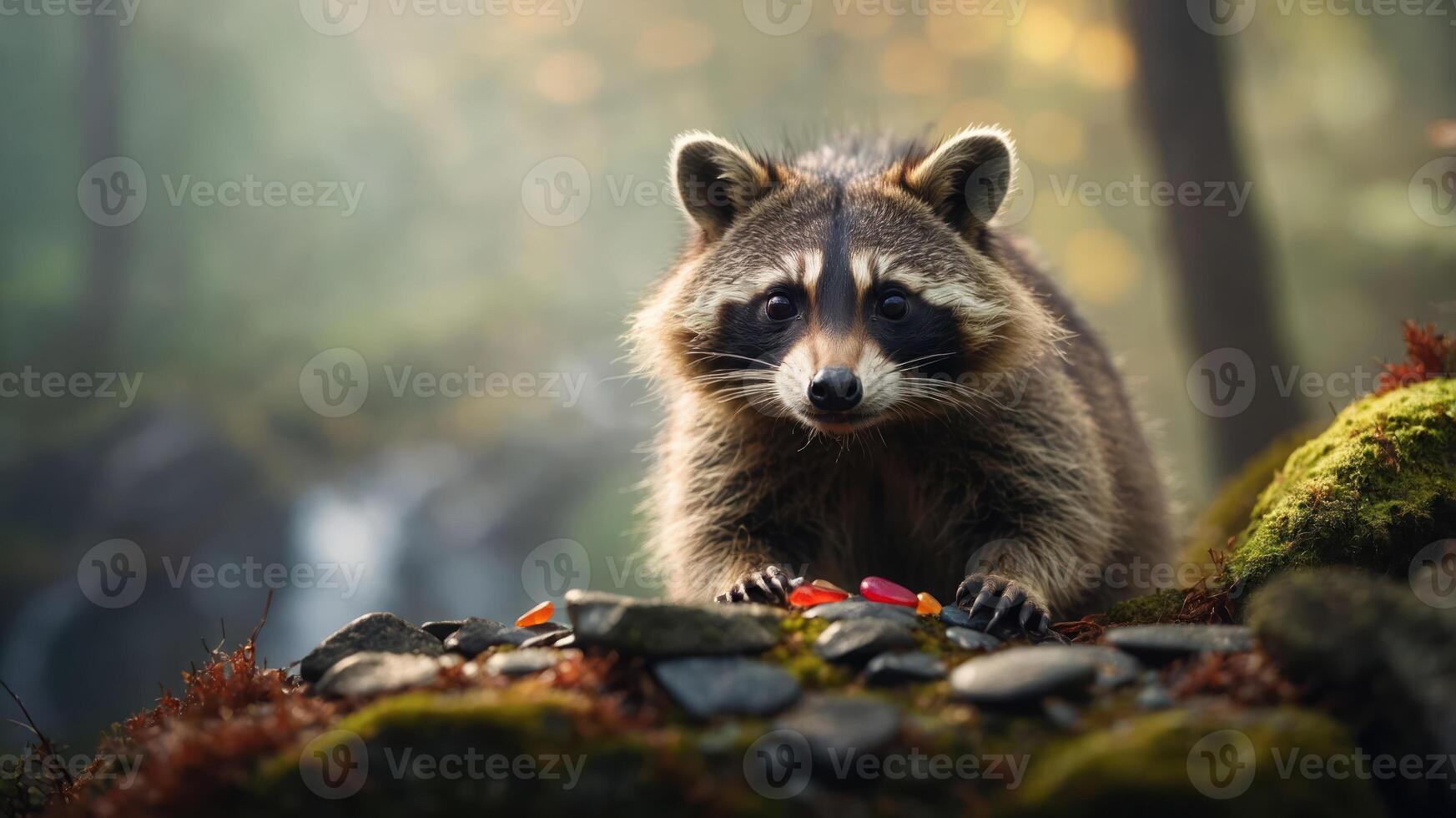 A raccoon curiously examines colorful stones in a serene forest setting. photo