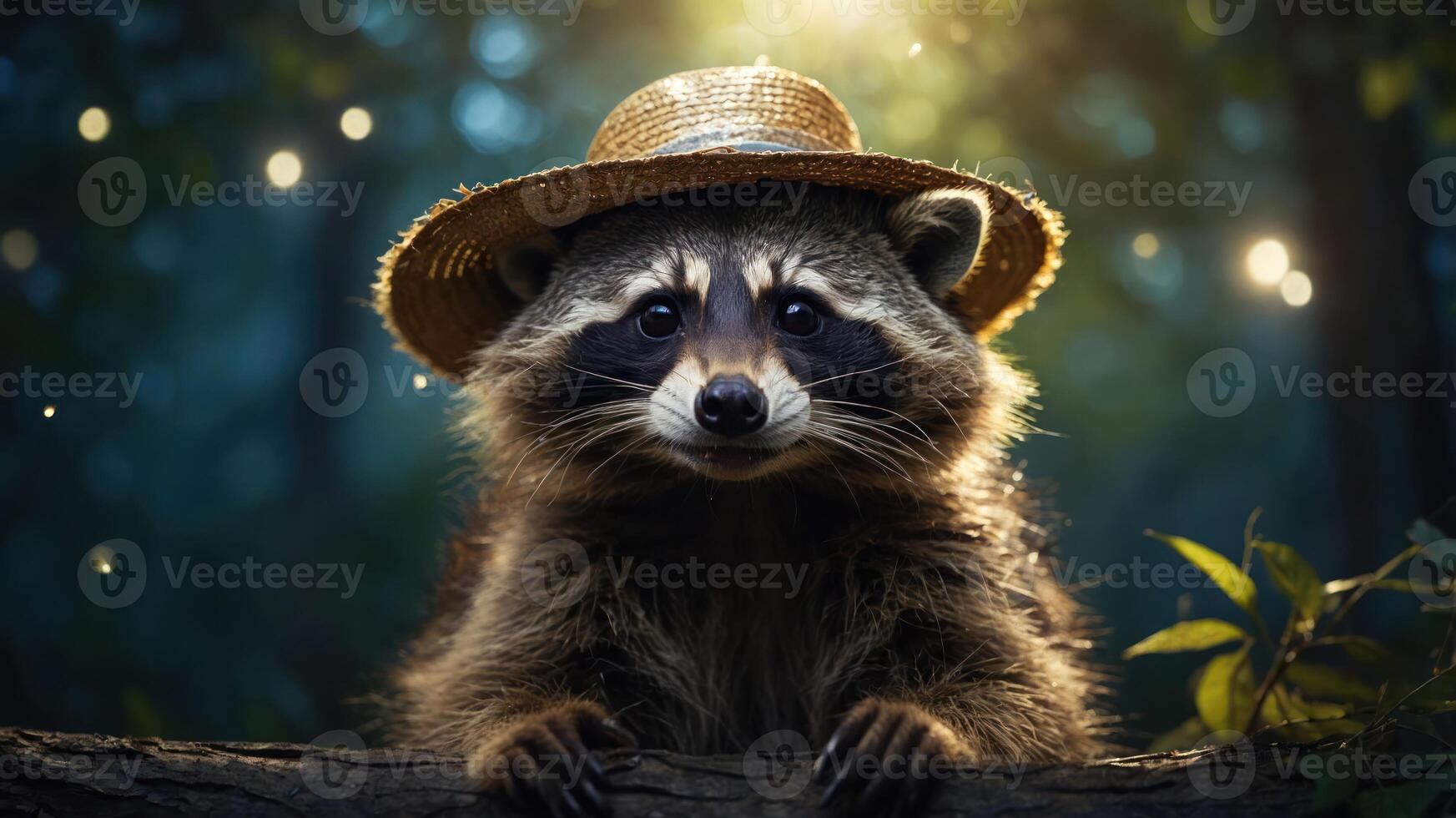A raccoon wearing a straw hat sits on a branch in a whimsical forest setting. photo