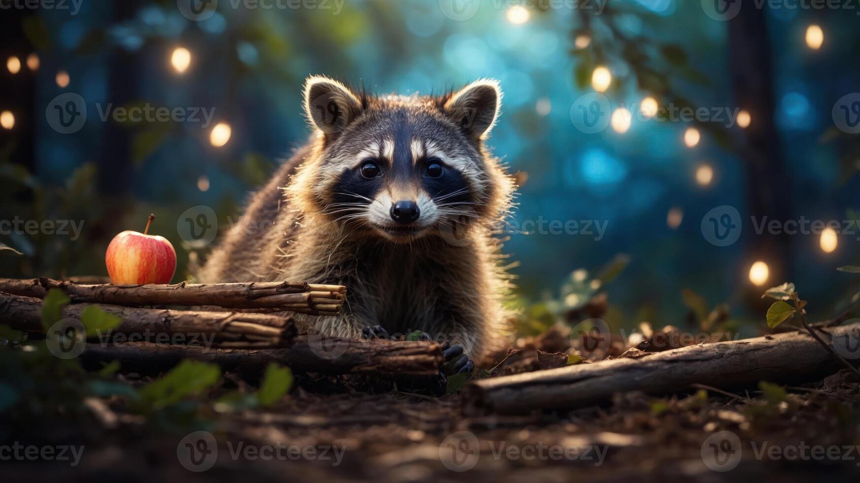 A raccoon sits among logs in a forest, with an apple nearby and soft lights in the background. photo