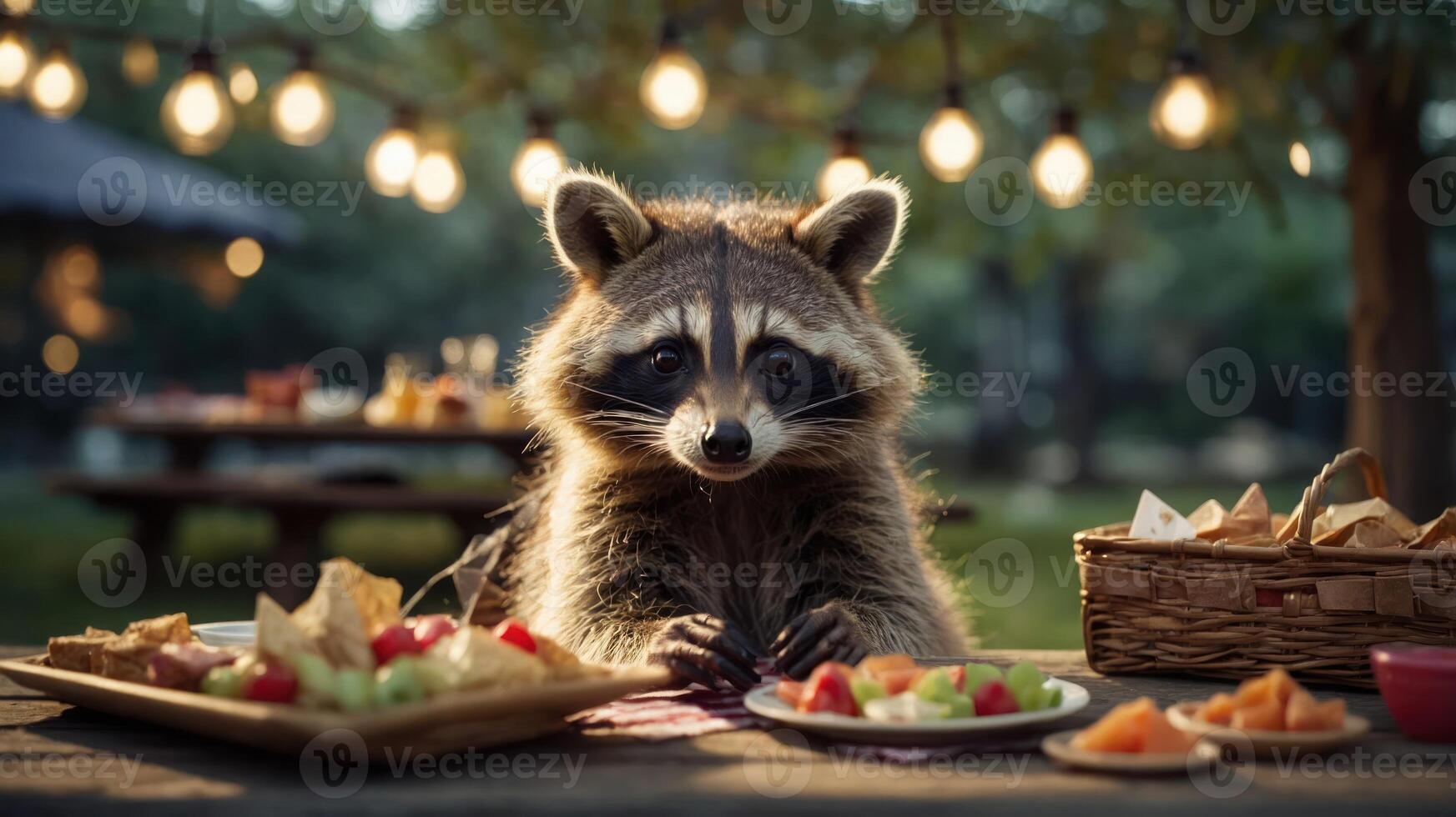 A raccoon sits at a table surrounded by various fruits and snacks, under string lights. photo
