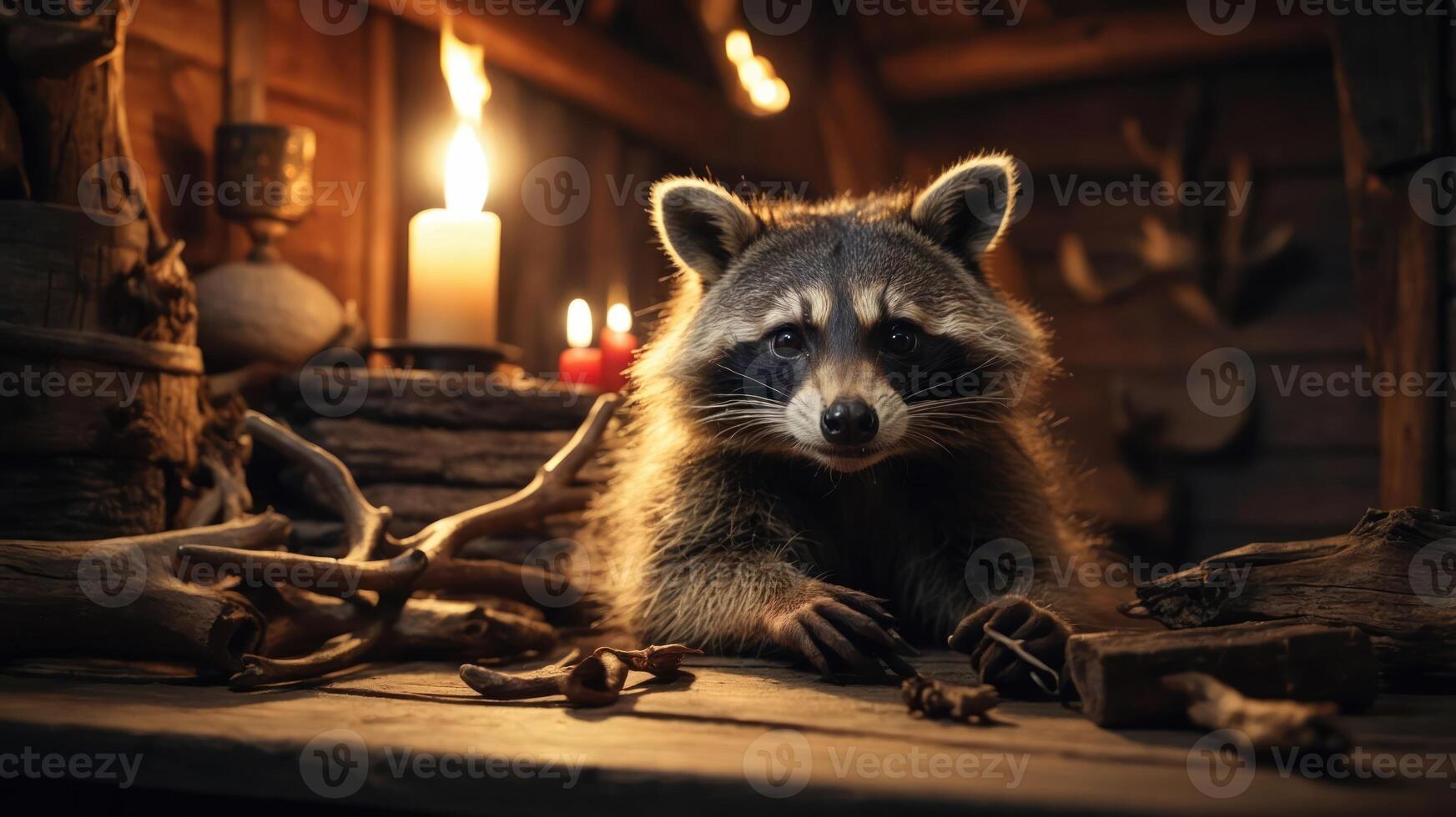 A raccoon curiously peeks from a rustic wooden table, illuminated by candlelight. photo