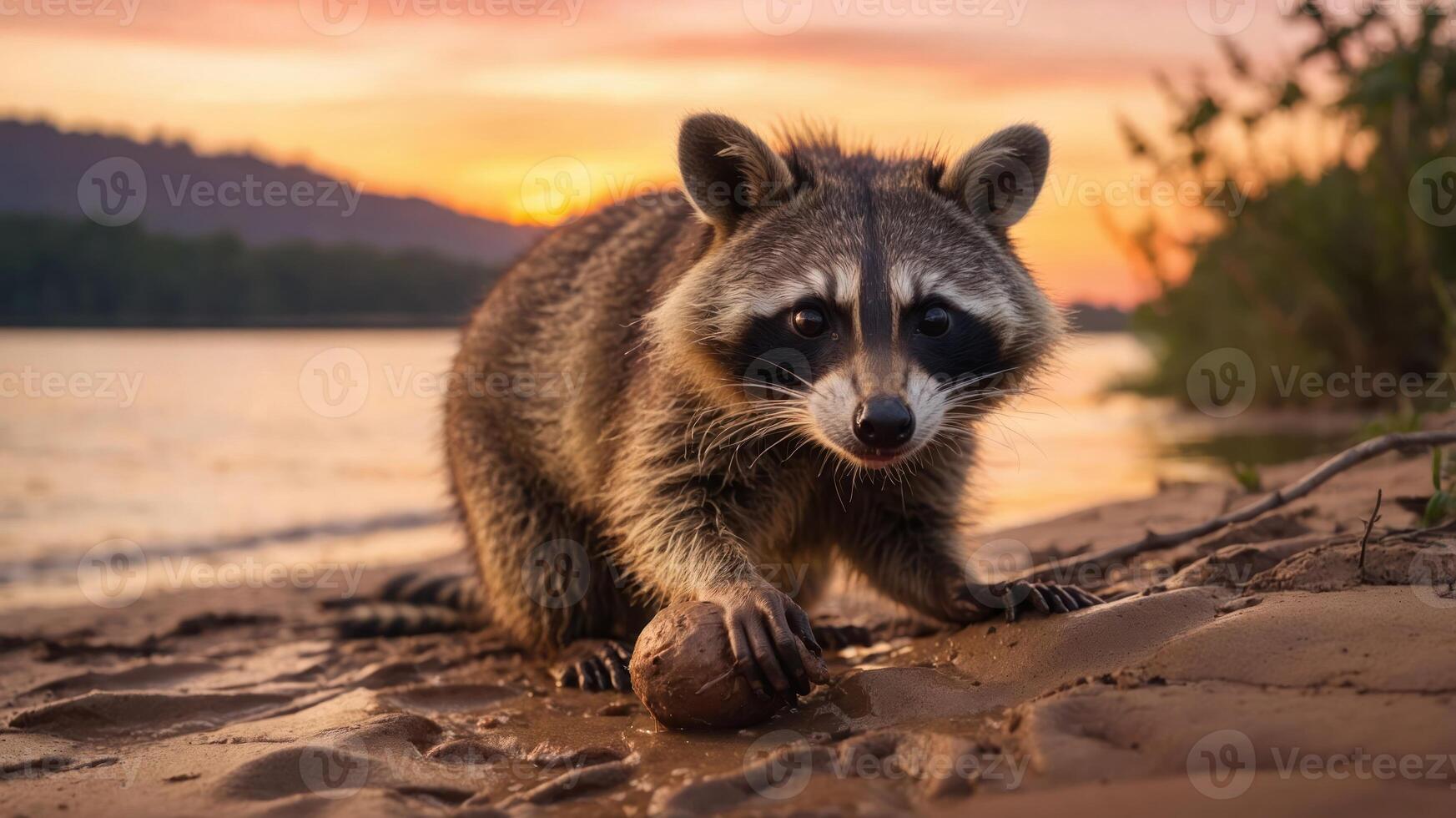 A raccoon on a sandy beach at sunset, interacting with a coconut. photo