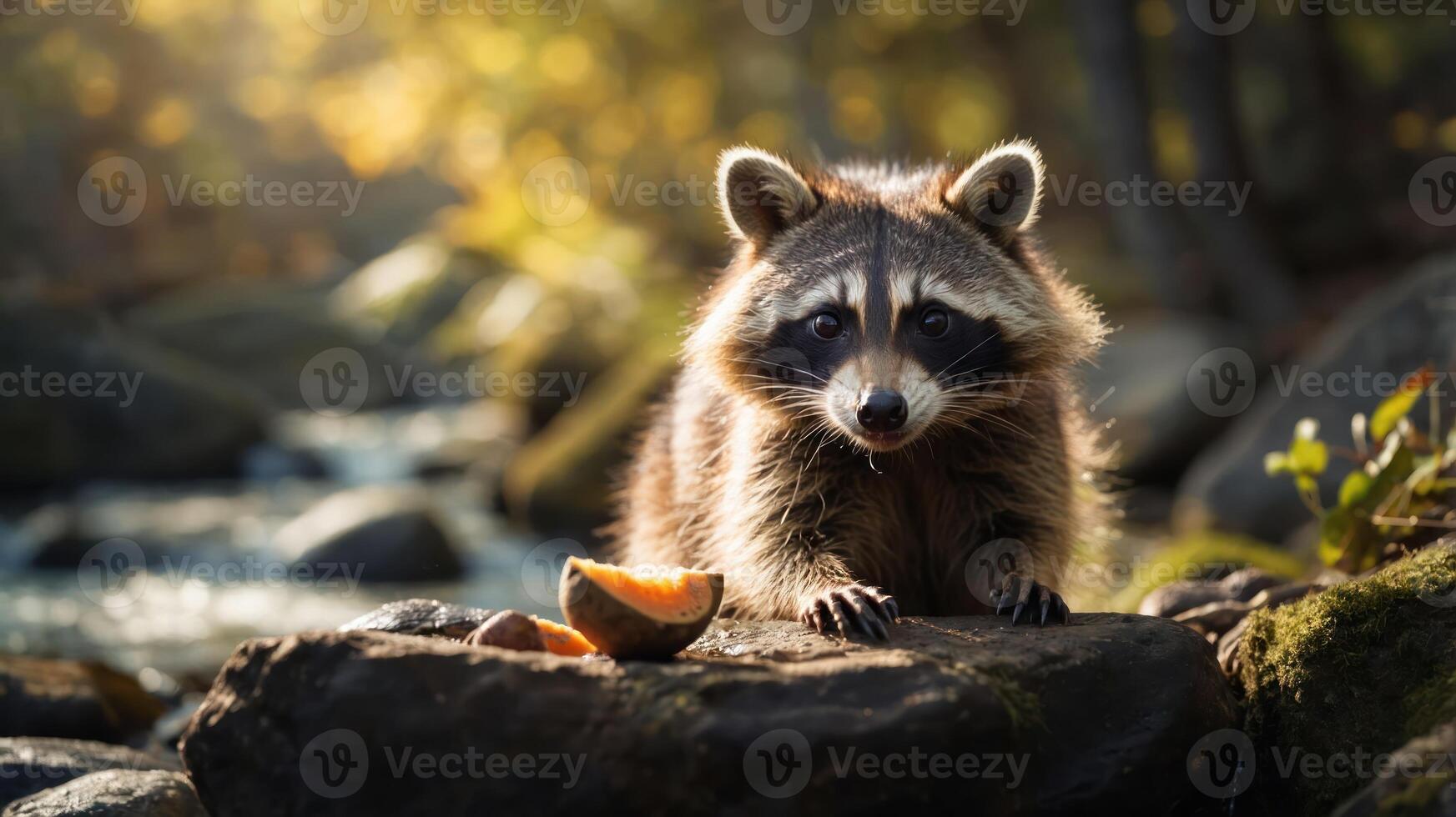 A raccoon sits on a rock by a stream, curiously eyeing a piece of orange. photo