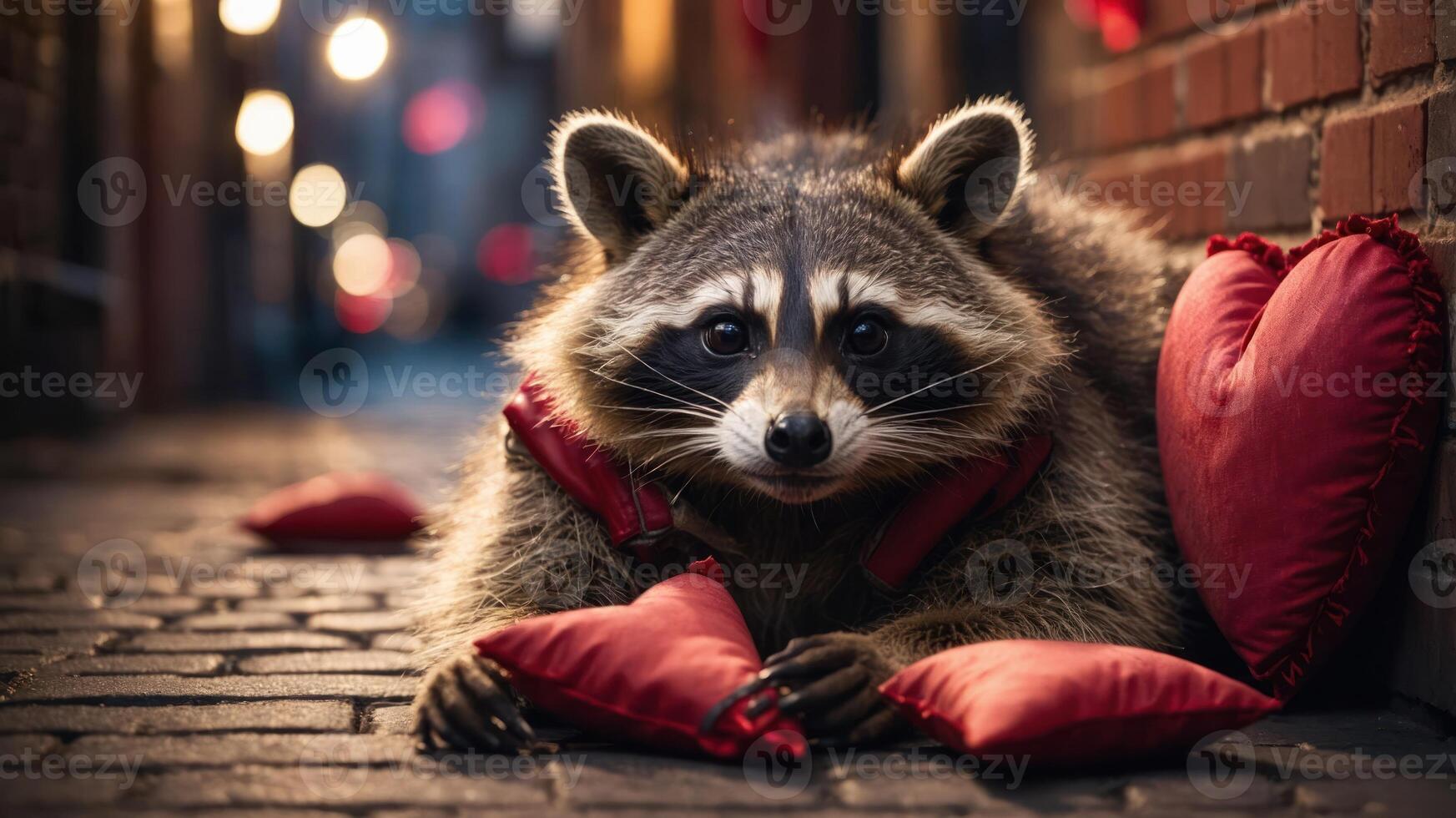 A raccoon resting on red pillows in a cozy alleyway at night. photo